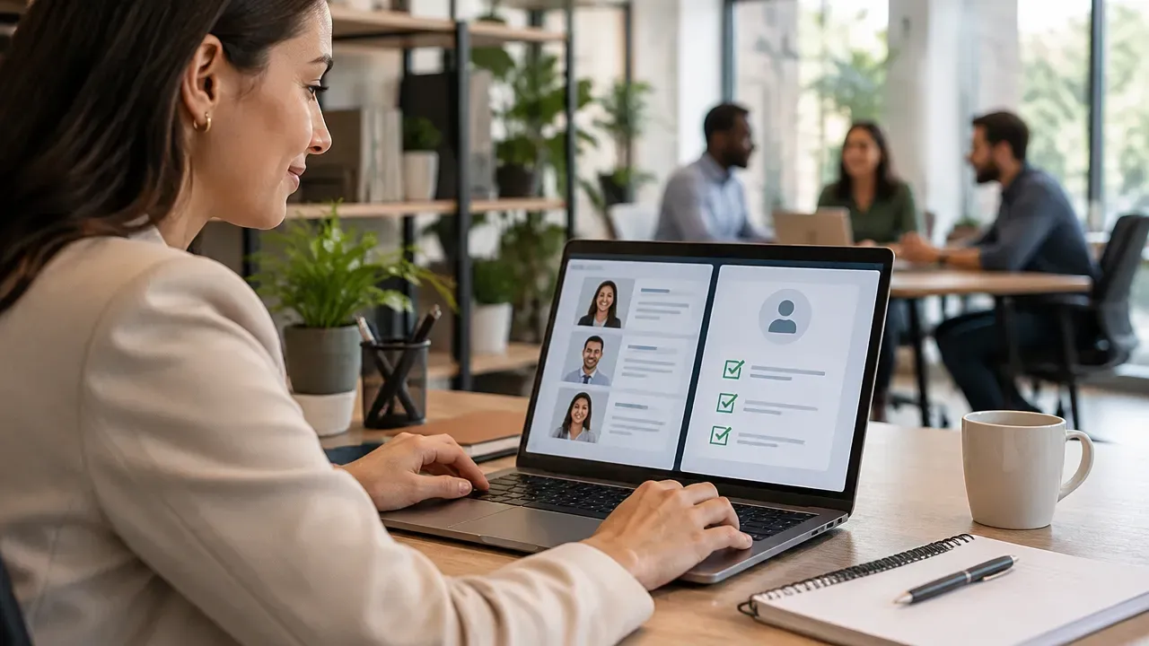 Profissional de RH organizando digitalmente a seleção de candidatos e a integração de uma nova pessoa