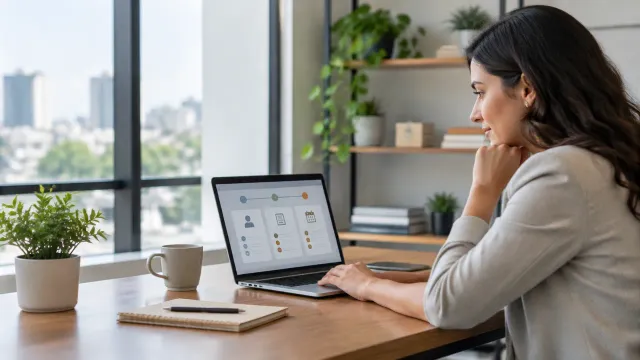 Profissional de RH usando ferramentas digitais para organizar processos automatizados de gestão de pessoas.