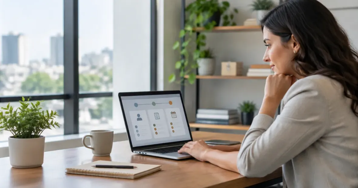 Profissional de RH usando ferramentas digitais para organizar processos automatizados de gestão de pessoas.