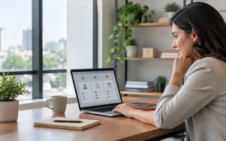 Profissional de RH usando ferramentas digitais para organizar processos automatizados de gestão de pessoas.