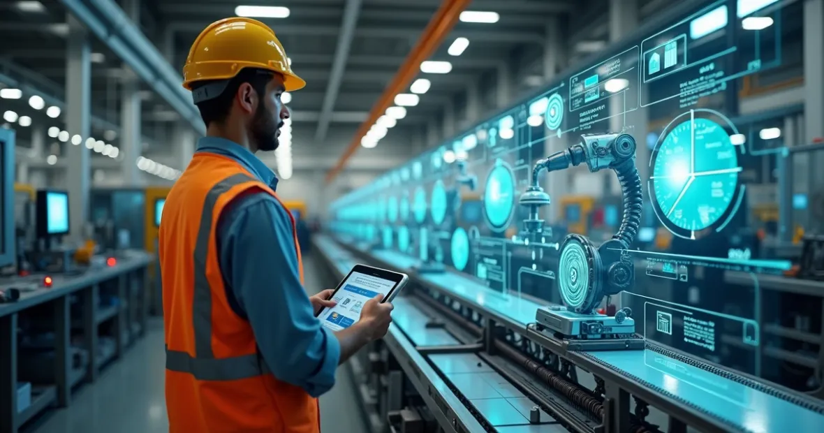 Linha de produção industrial com automação e inteligência artificial.