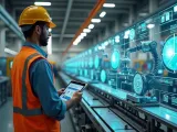 Linha de produção industrial com automação e inteligência artificial.