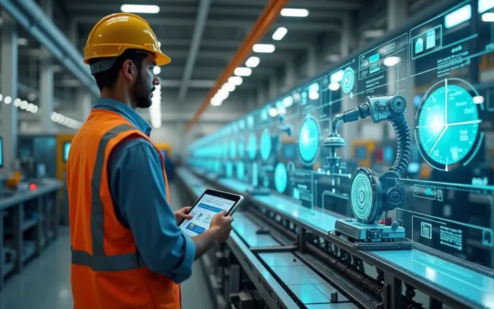 Linha de produção industrial com automação e inteligência artificial.