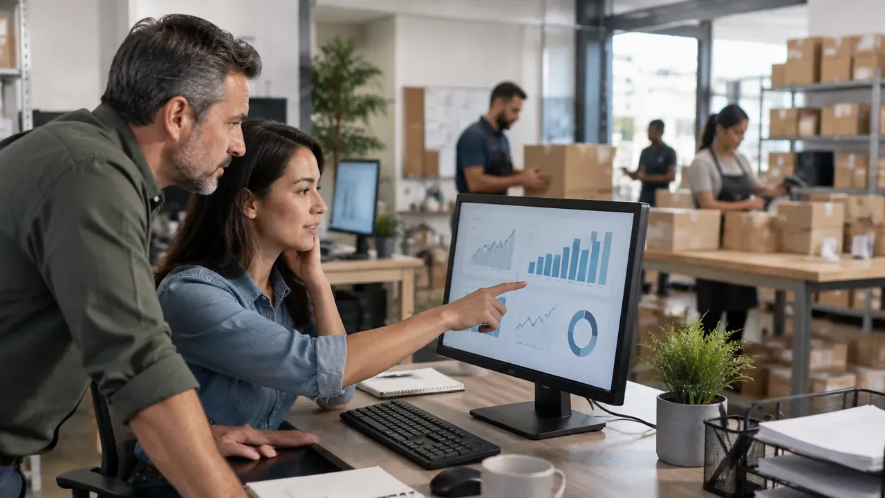 Gestor e analista acompanham gráficos de produtividade e resultados após automatizar um processo da empresa
