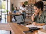 Gestora de pequena empresa analisa indicadores financeiros em um notebook para avaliar o retorno de uma automação.