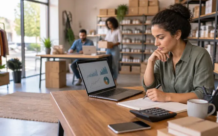Gestora de pequena empresa analisa indicadores financeiros em um notebook para avaliar o retorno de uma automação.