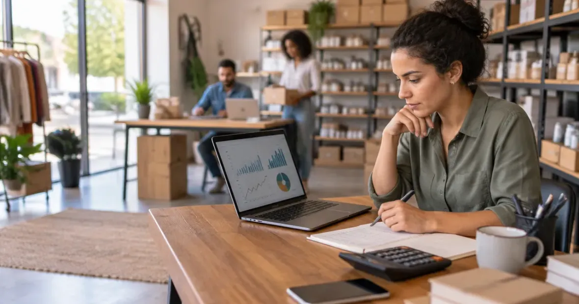 Gestora de pequena empresa analisa indicadores financeiros em um notebook para avaliar o retorno de uma automação.