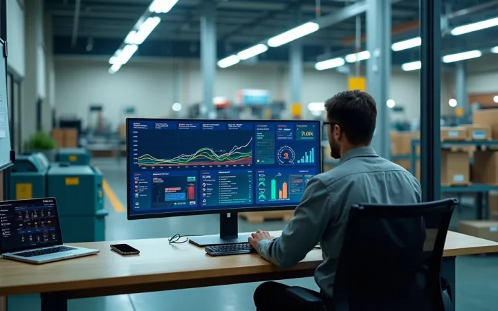 Gestor analisando um dashboard industrial com indicadores de produção.