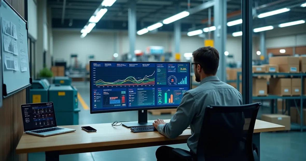 Gestor analisando um dashboard industrial com indicadores de produção.