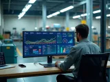 Gestor analisando um dashboard industrial com indicadores de produção.