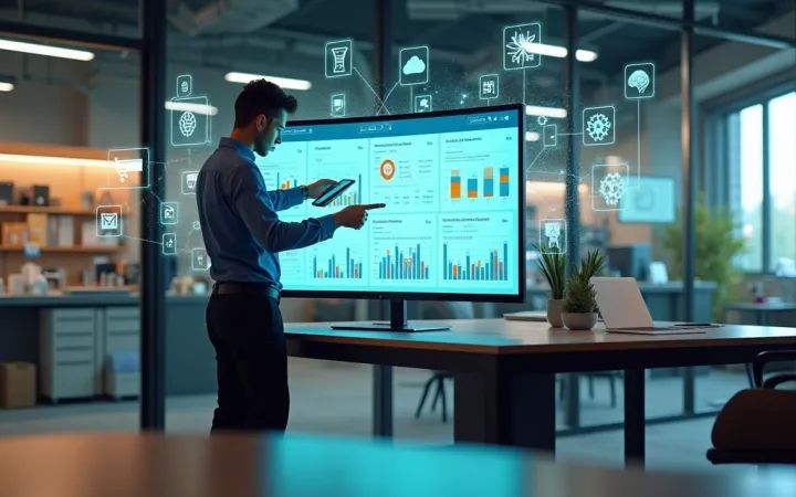 Painel de ERP em uma pequena empresa exibindo dados de gestão e redução de custos.