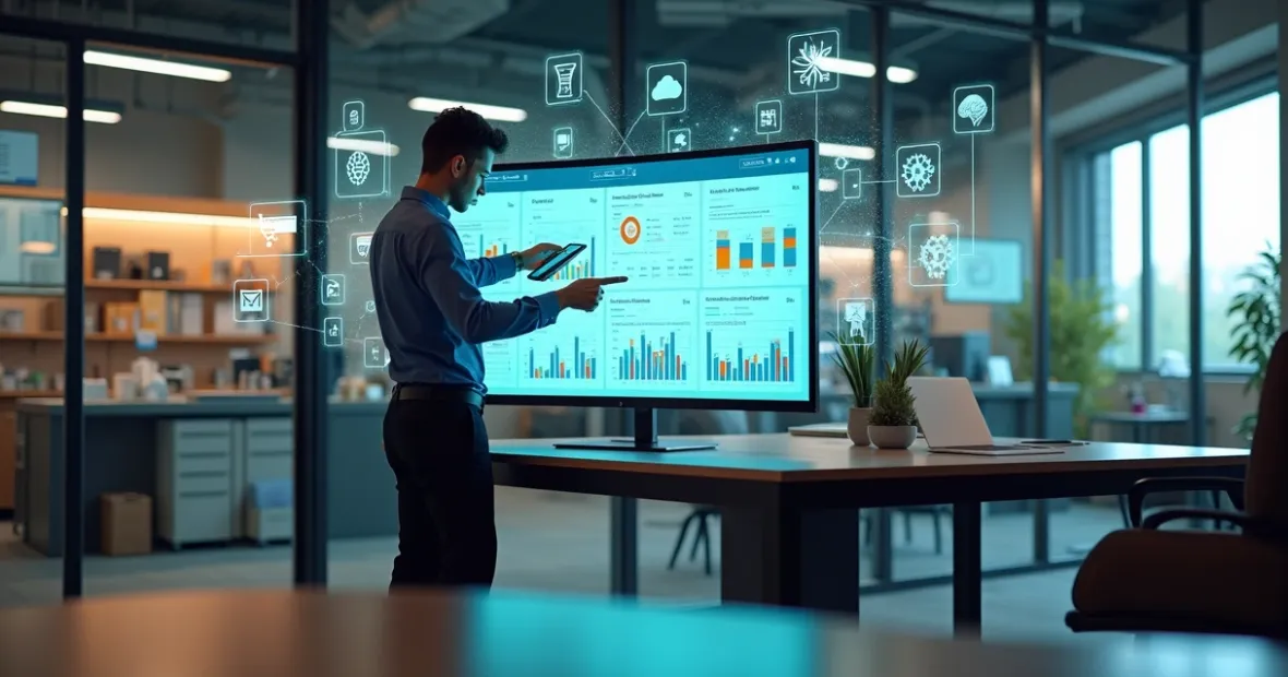Painel de ERP em uma pequena empresa exibindo dados de gestão e redução de custos.