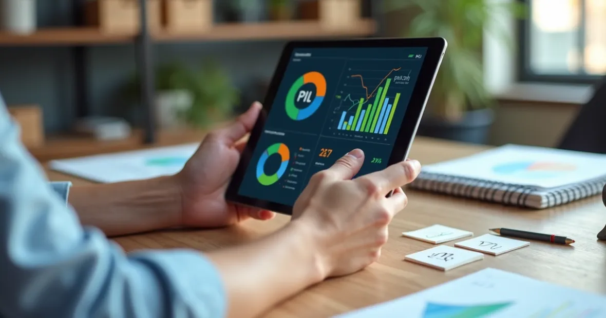 Indicadores de KPI exibidos em um tablet sobre uma mesa de trabalho.