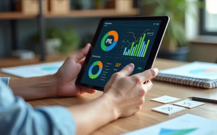 Indicadores de KPI exibidos em um tablet sobre uma mesa de trabalho.