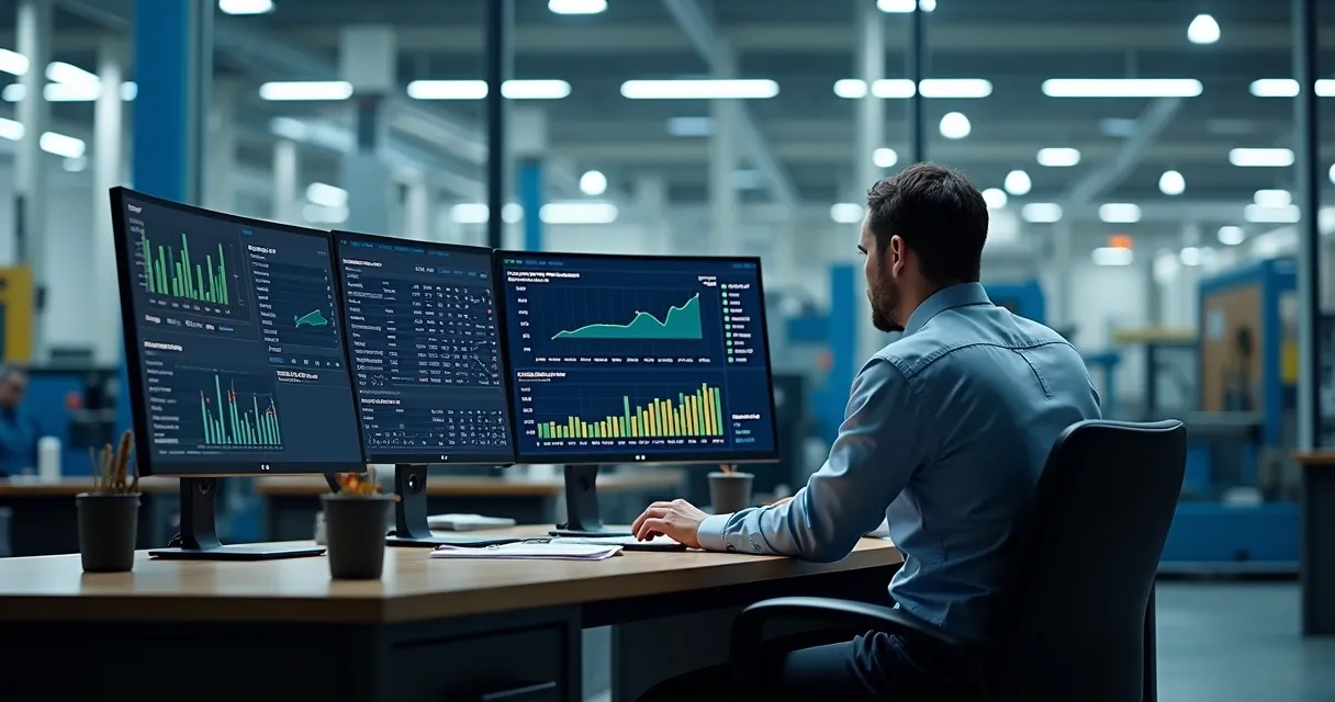 Gestor analisando custos de produção em dashboard industrial