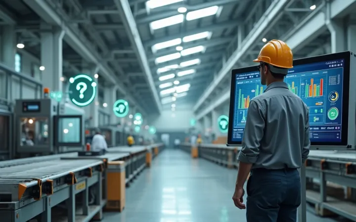 Painel de PCP em uma linha de produção industrial digitalizada.