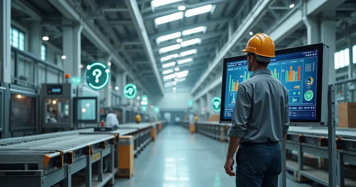 Painel de PCP em uma linha de produção industrial digitalizada.