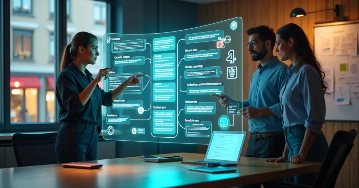 Equipe empresarial analisando um painel digital com fluxos automatizados por inteligência artificial.