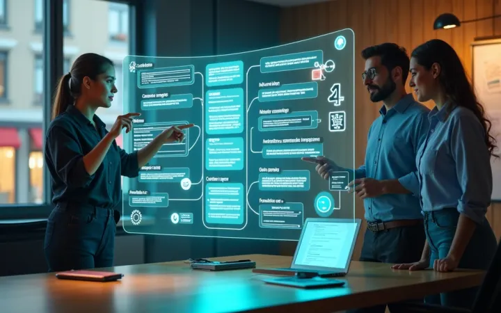 Equipe empresarial analisando um painel digital com fluxos automatizados por inteligência artificial.
